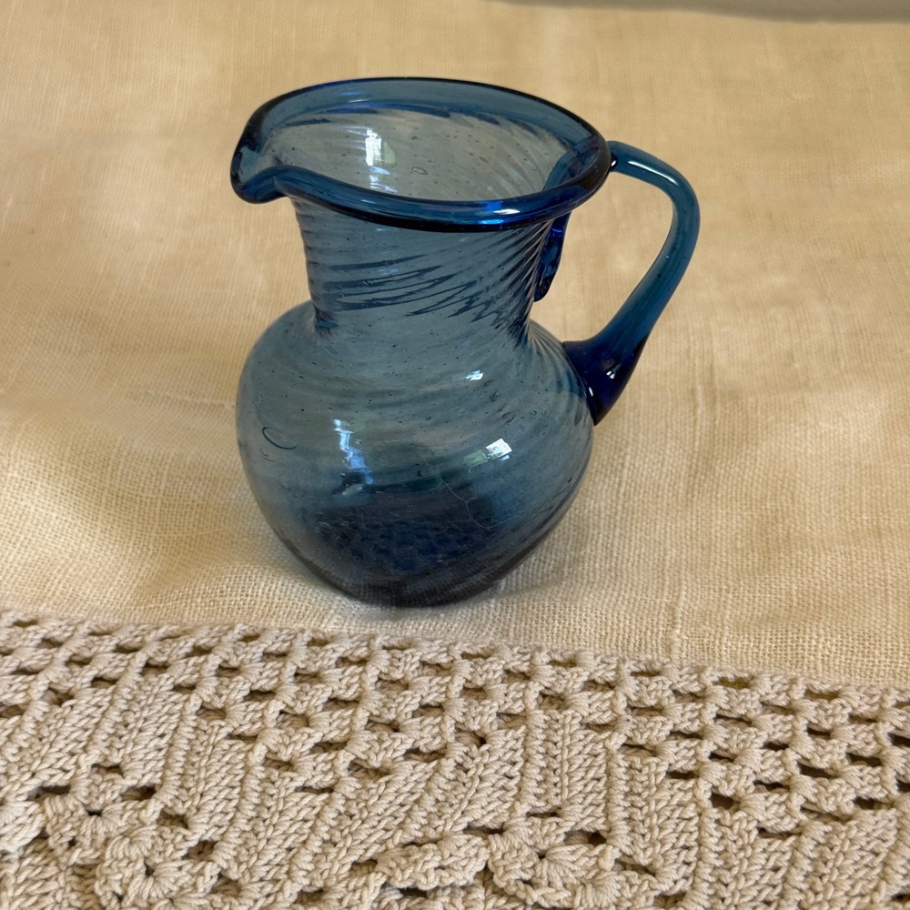 Hand Blown Blue Glass Swirl Creamer Pitcher with‎ Cobalt Handle Artisanal Glass